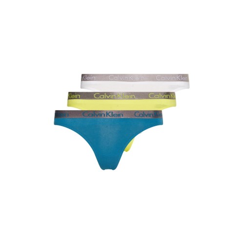 Dámské tanga Calvin Klein Radiant Cotton Thong modré, bílé, žluté 3-pack