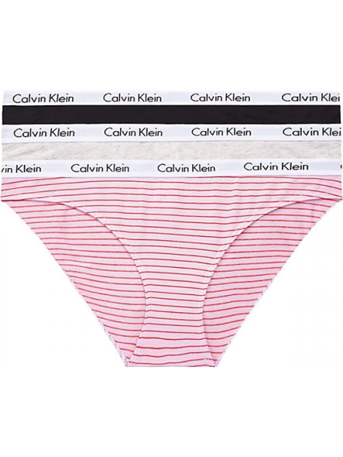 Dámské kalhotky Calvin Klein Carousel Bikini šedé, černé, růžové s pruhy 3-pack 