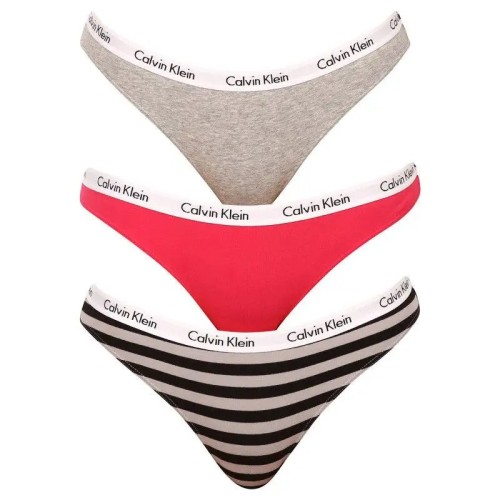 Dámské kalhotky Calvin Klein Carousel Bikini tmavě růžové, šedé, proužkové 3-pack