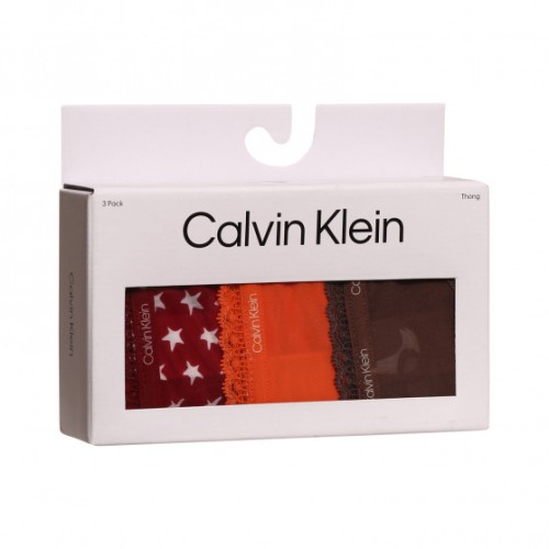 Dámská tanga Calvin Klein Bottoms up Refresh Thong hnědé, oranžové, bordó s hvězdičkami 3-pack