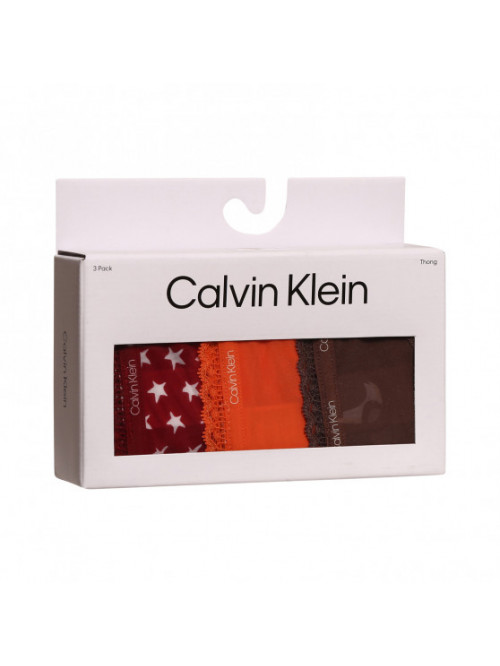 Dámská tanga Calvin Klein Bottoms up Refresh Thong hnědé, oranžové, bordó s hvězdičkami 3-pack