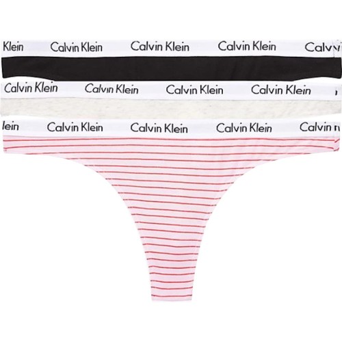 Dámská tanga Calvin Klein Carousel Thong šedé, černé, růžové s pruhy 3-pack 
