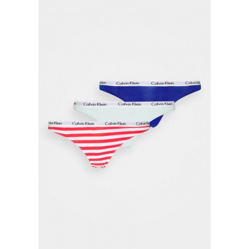 Dámská tanga Calvin Klein Carousel Thong modré, mátové, proužkované 3-pack