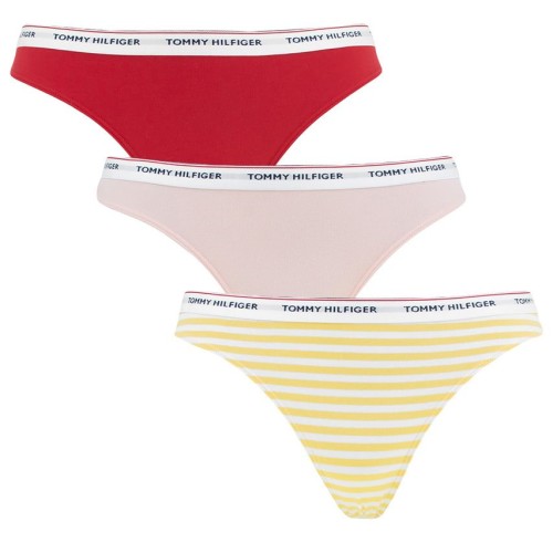 Dámská tanga Tommy Hilfiger Polka Dot Thongs 3-pack červené, růžové, žluté proužkované