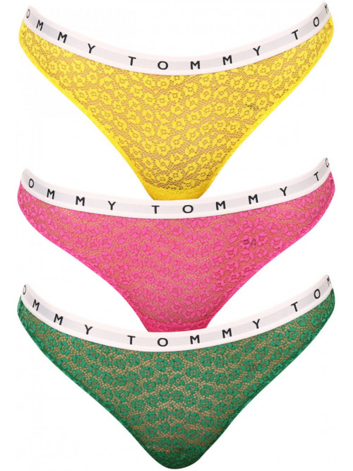 Dámske tanga s krajkou Tommy Hilfiger Full Lace Thong 3-pack vícebarevné - žluté, růžové, zelené