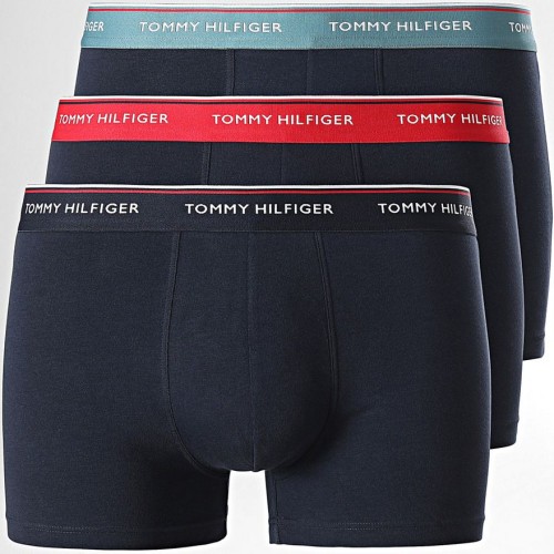 Pánské boxerky Tommy Hilfiger Premium Essentials WB Trunk Tmavě modré s černým, mátovým a červeným pasem 3-pack