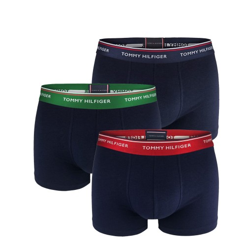 Pánské boxerky Tommy Hilfiger Premium Essentials WB Trunk Tmavěmodré s černým, zeleným a červeným pásem 3-pack