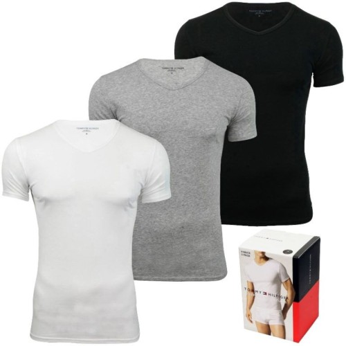 Pánské trička Tommy Hilfiger V-Neck Tee SS bílé, šedé, černé 3-pack